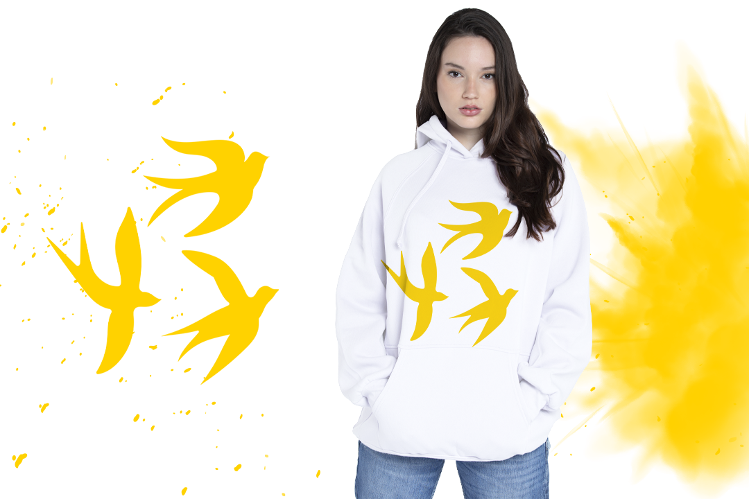 A female model wears a hoodie with a yellow pattern