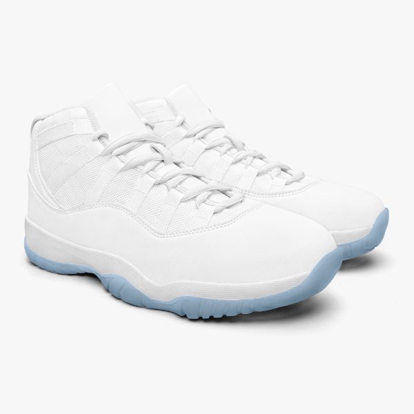 A pair of white customizable basketball shoes with blue soles