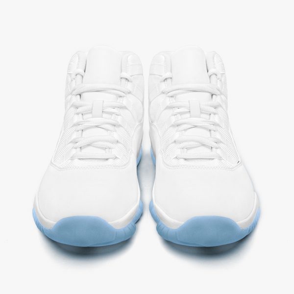 A pair of white customizable basketball shoes with blue soles