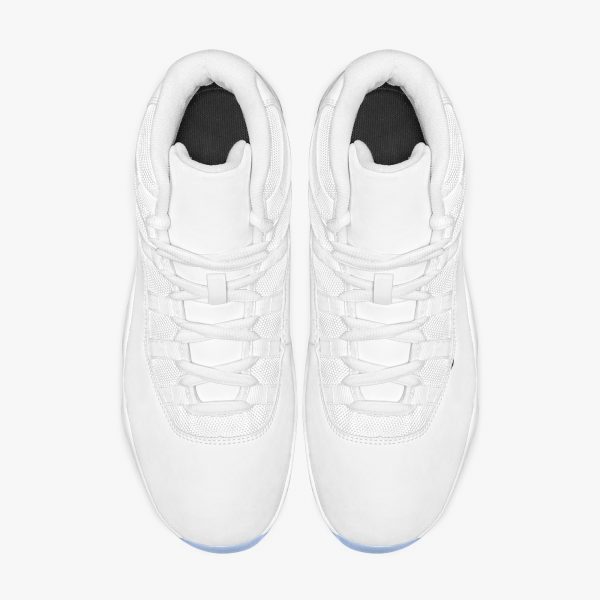 A pair of white customizable basketball shoes with blue soles