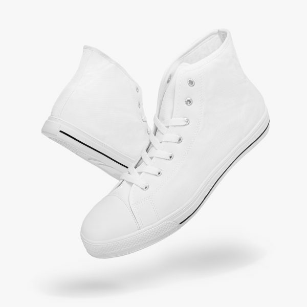 A pair of white customizable high-top canvas shoes