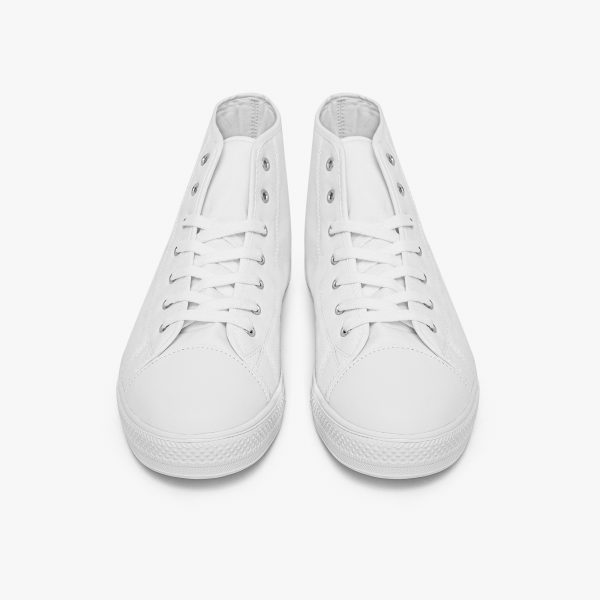 A pair of white customizable high-top canvas shoes