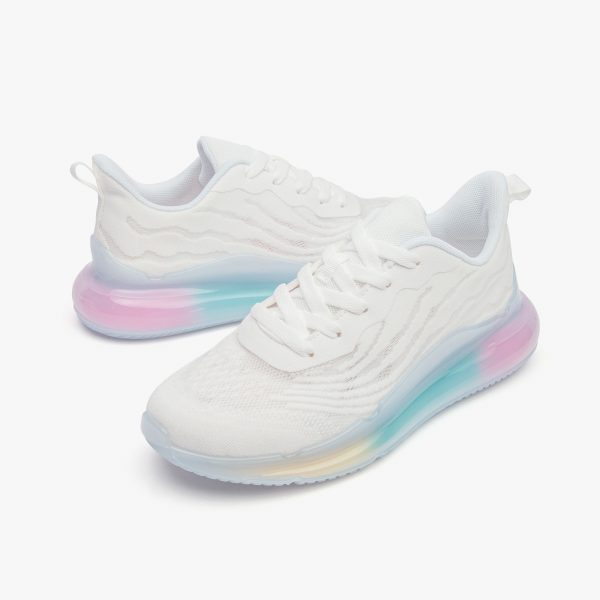 A pair of white customizable air shoes with colorful soles