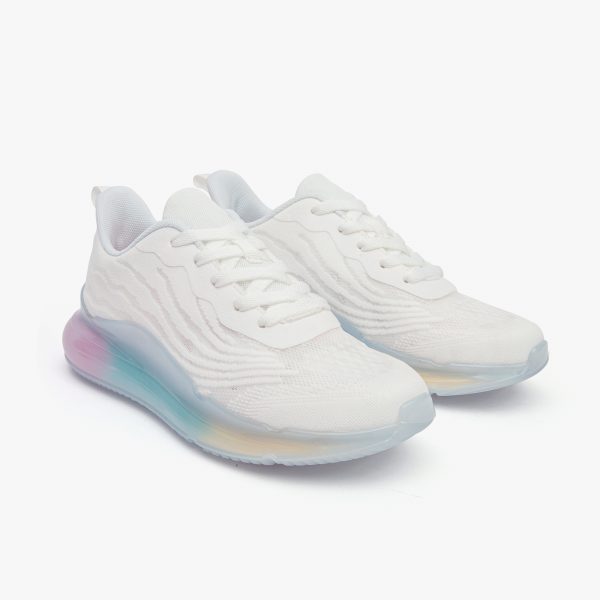 A pair of white customizable air shoes with colorful soles