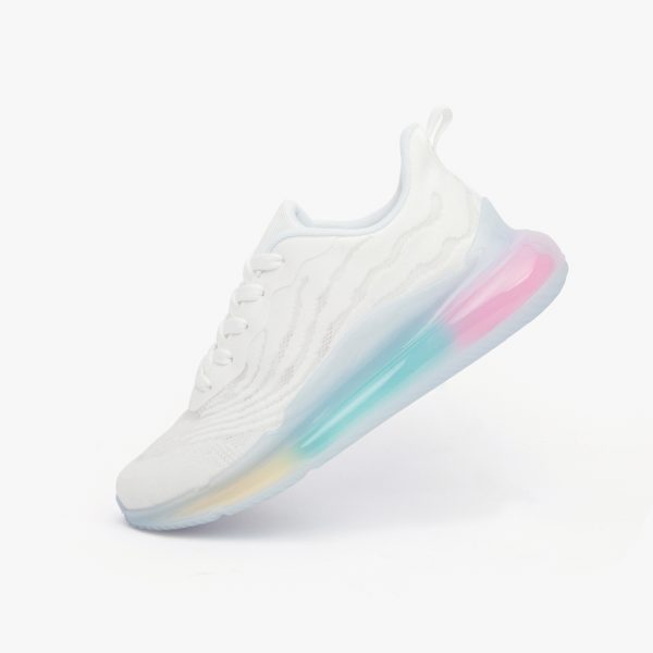 A pair of white customizable air shoes with colorful soles